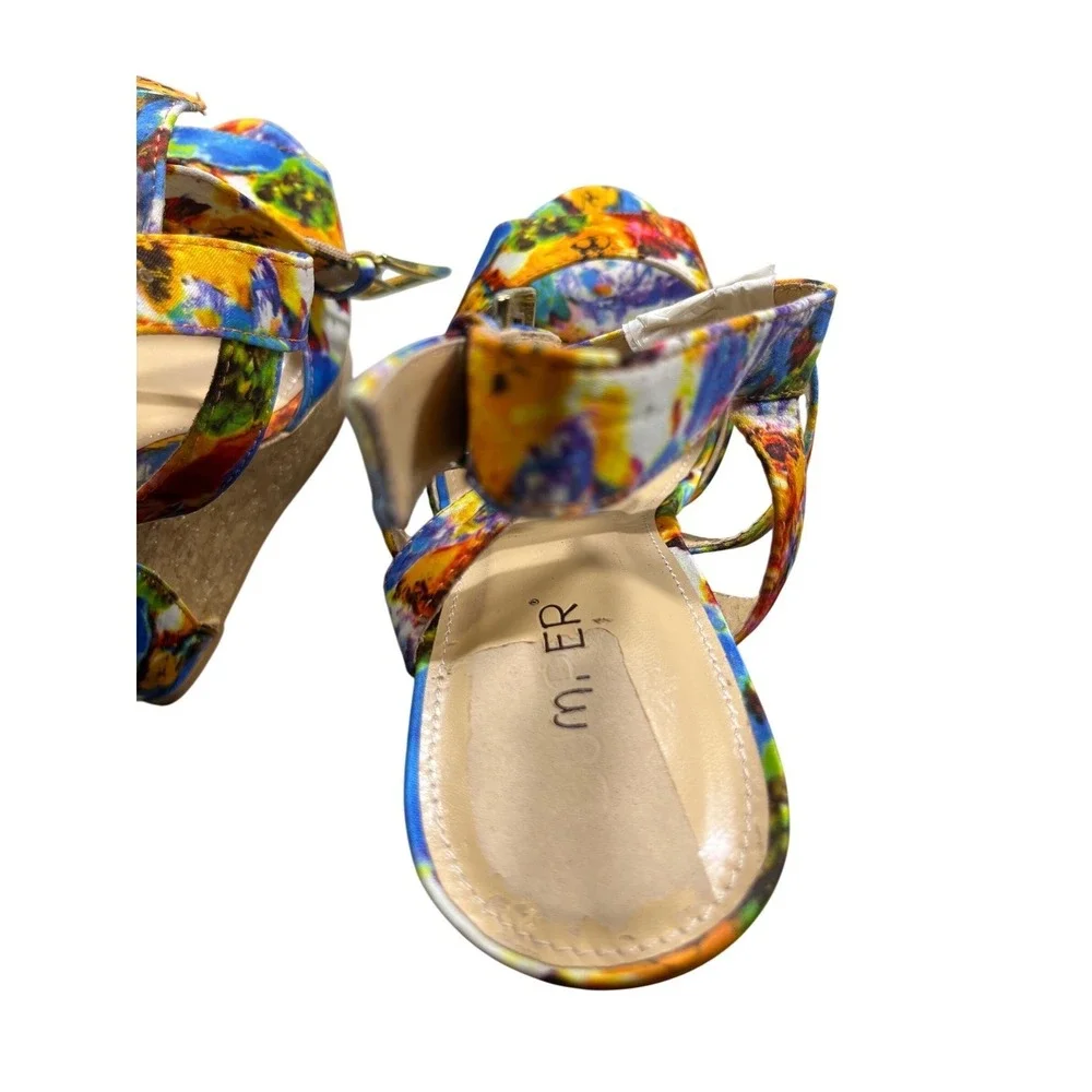 Womens Size 8.5 Multicolor Cork Wedge Heels Platform Sandals‎ Ankle Strap Bumper